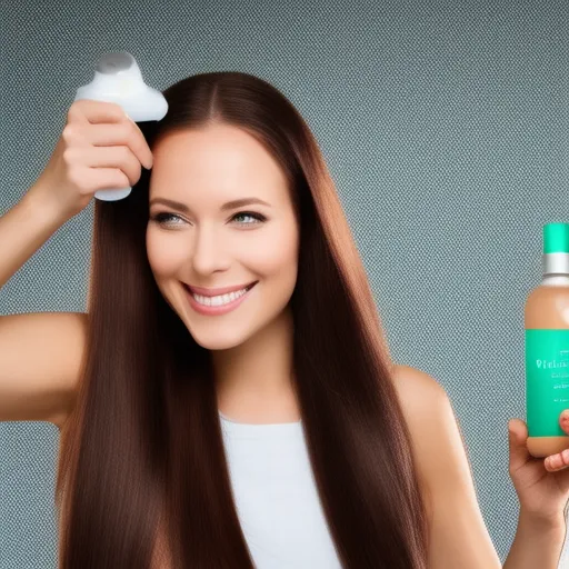 

A woman with long, shiny hair, looking in the mirror while holding a bottle of shampoo, smiling with satisfaction.